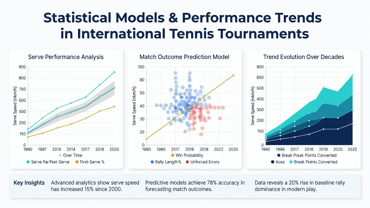 Tennis court with overlaid performance trend graphs illustrating serve statistics and player aging curves from international events